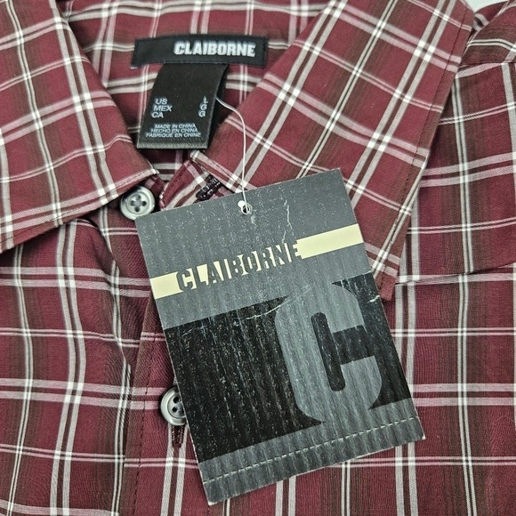 Claiborne Mens Long Sleeve Button Up Plaid Shirt Burgundy White Checkered L - Picture 5 of 12